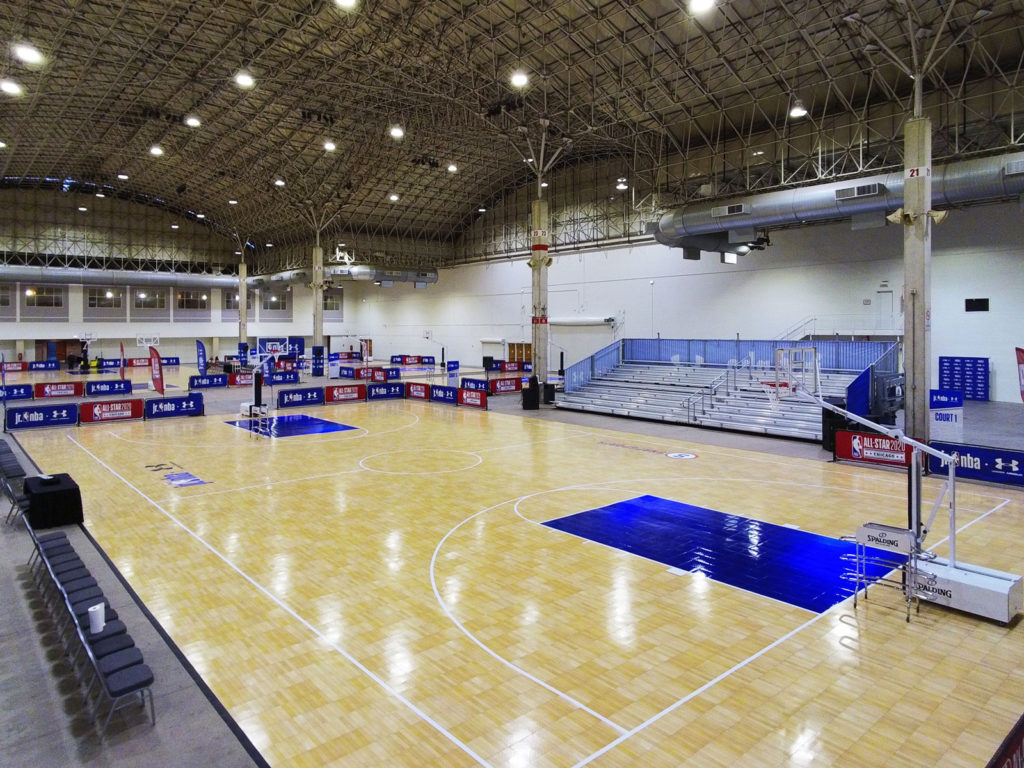 Basketball courts and bleachers at the NBA All-Star events