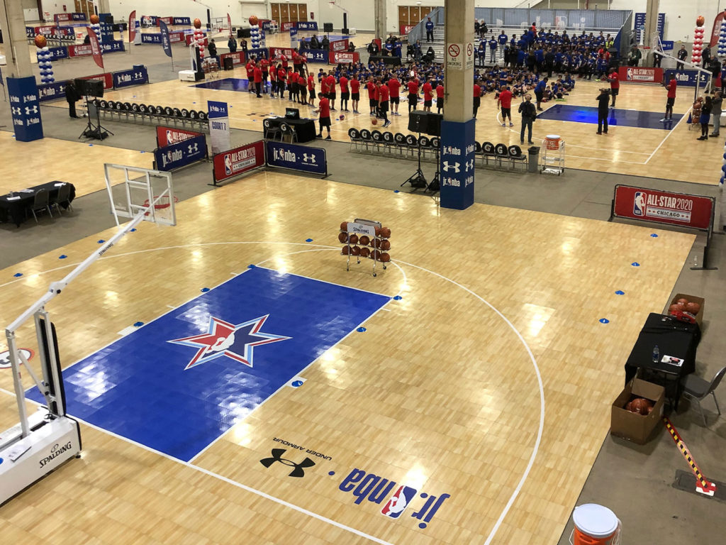 Overhead view of one of the Jr. NBA courts with custom logo paintings