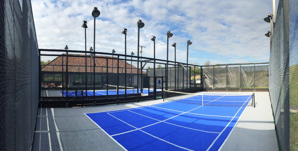 Blue and gray outdoor pickleball courts