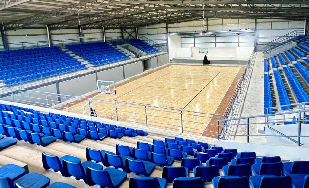Indoor stadium with maple and dark maple TuffShield Revolution sport flooring