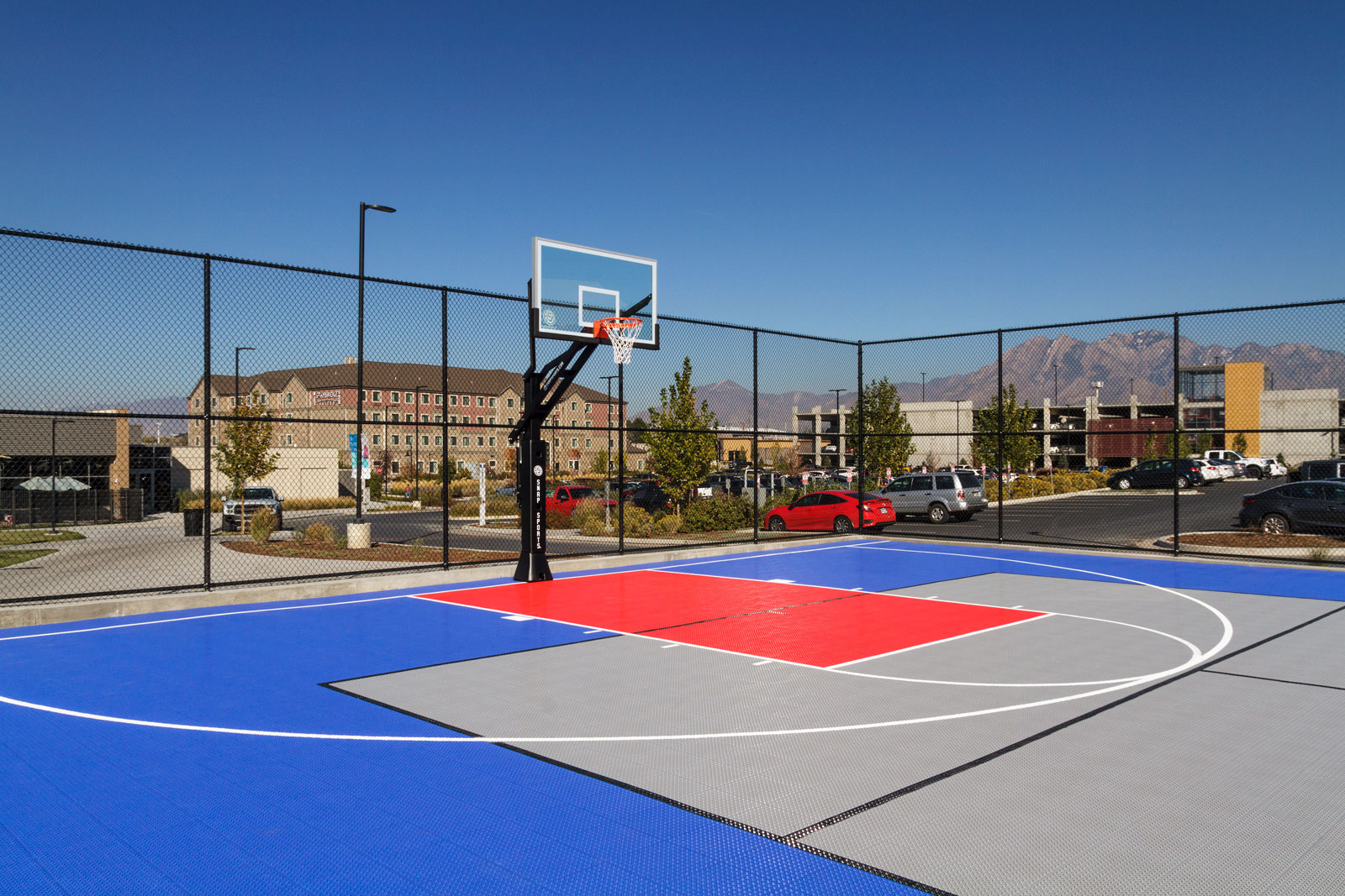 View of a basketball hoop in the Overstock.com multi-court