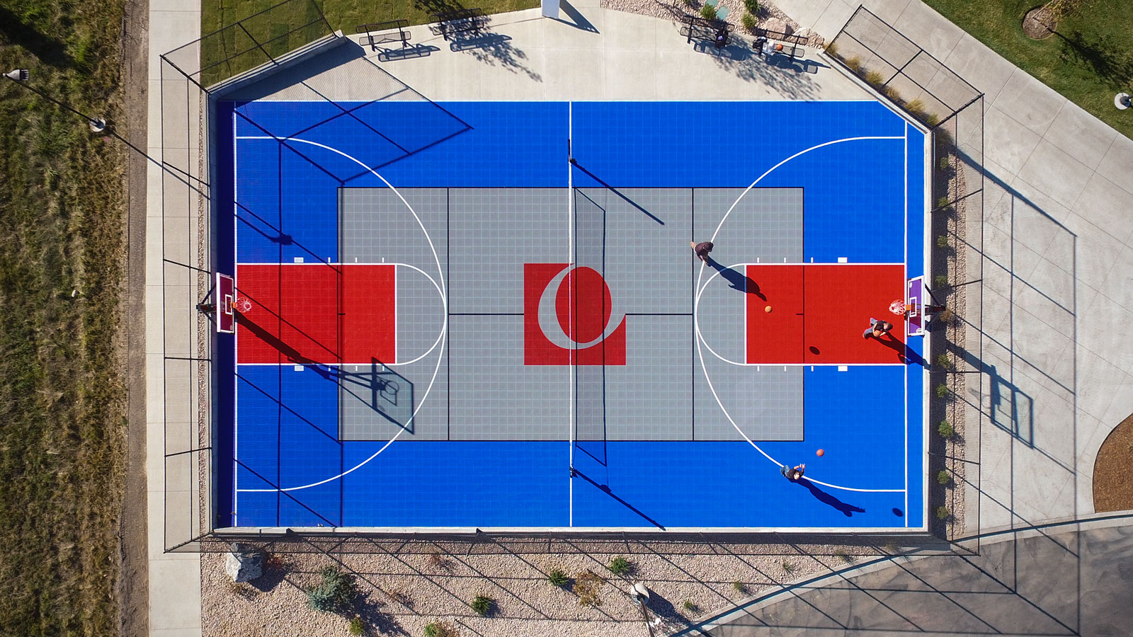 Overhead view of the Overstock.com multi-court, with custom painted logo and game lines for many sports
