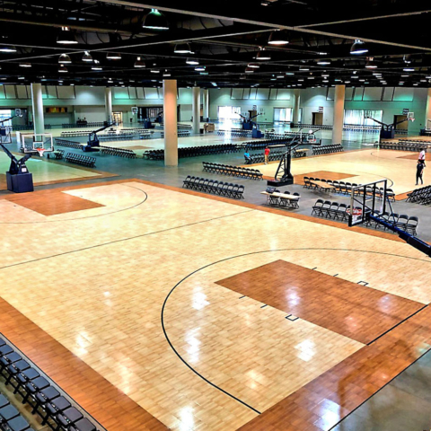 Revolution with TuffShield maple and dark maple indoor basketball courts