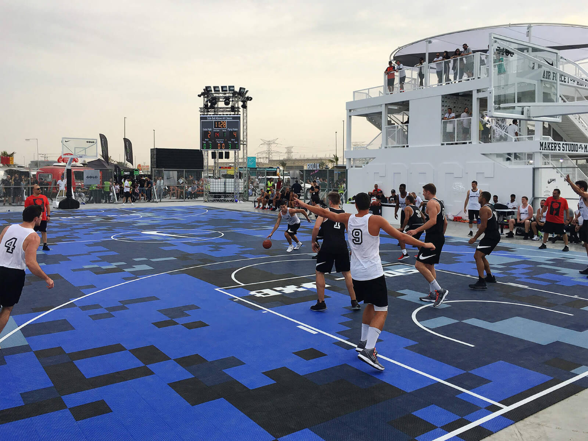 The outdoor events of Sole DXB 2017 Ball Above All on the custom SnapSports camouflage design court