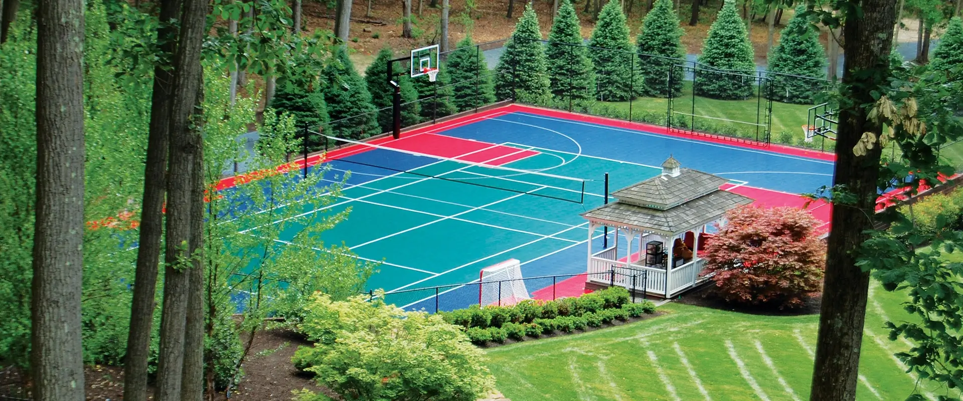 colorful multi-court in a large backyard