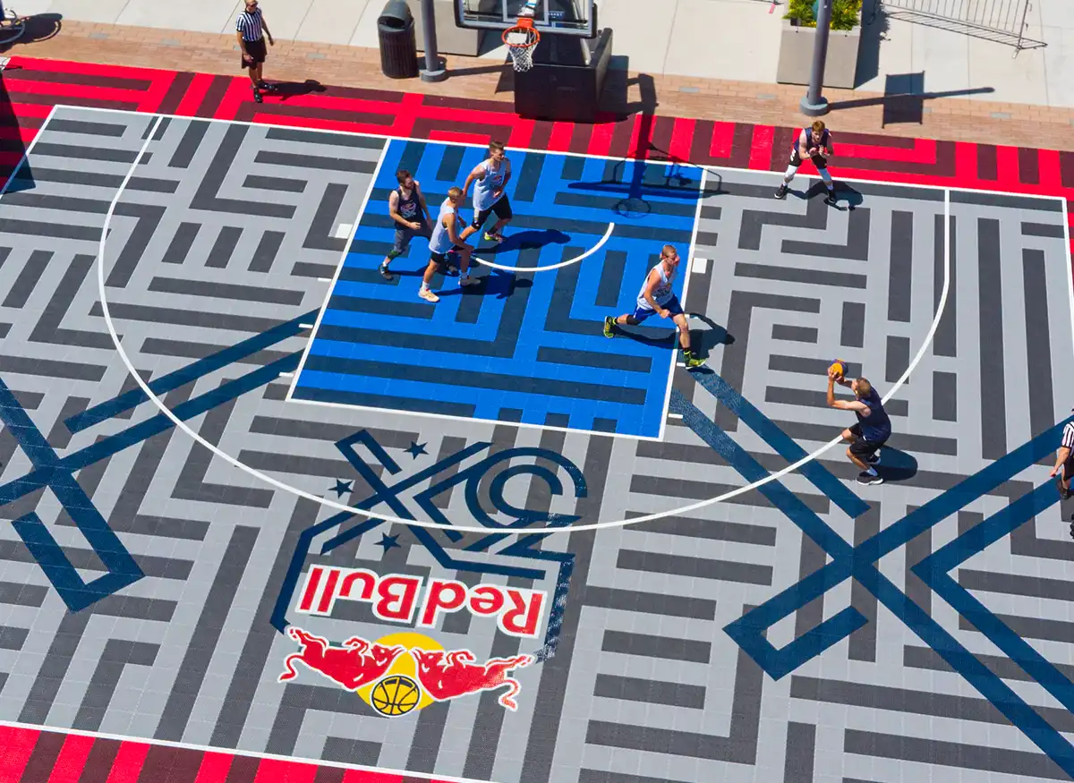 Graphics on a Red Bull 3X basketball court